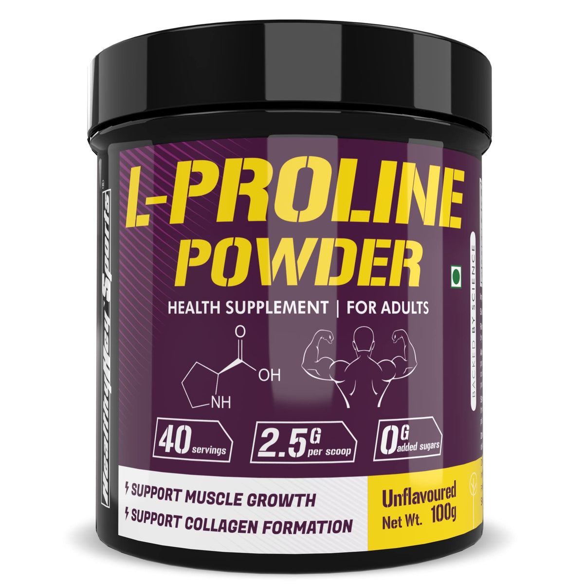 HealthyHey Sports L-Proline Powder, Supports Muscle Growth & Collagen Formation, 100g Unflavoured - 40 Servings