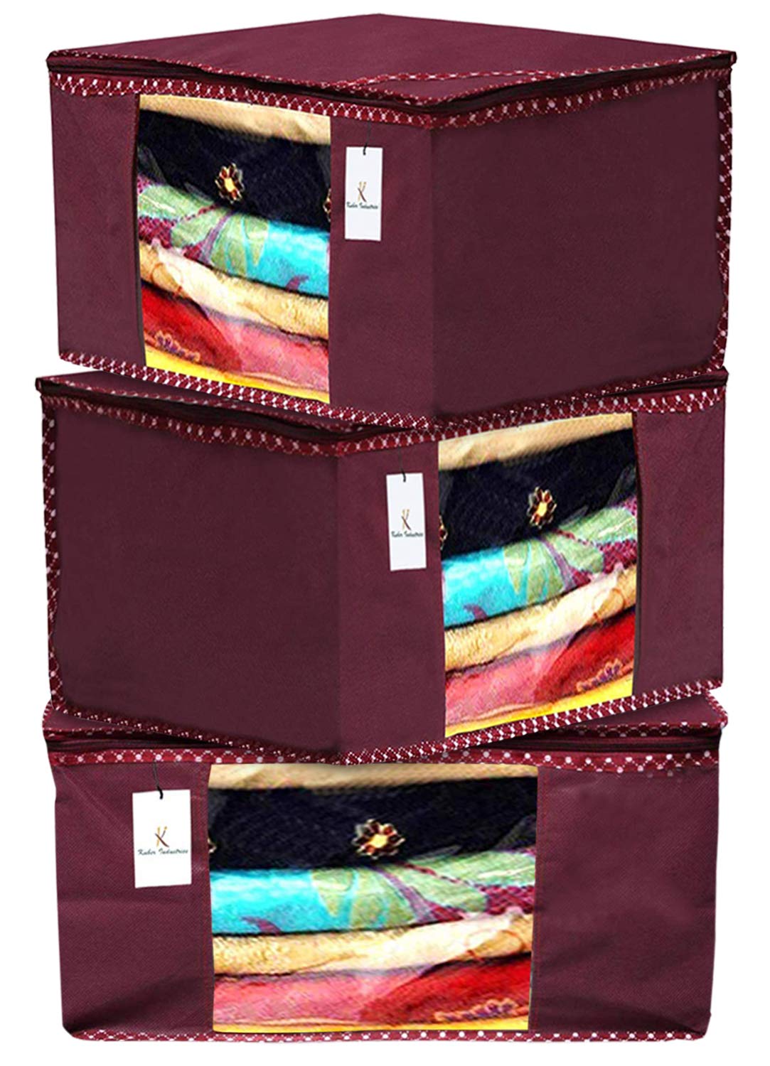 Heart Home 3 Pieces Non Woven Fabric Saree Cover/Clothes Organiser for Wardrobe Set with Transparent Window, Extra Large (Maroon)- HEART6950
