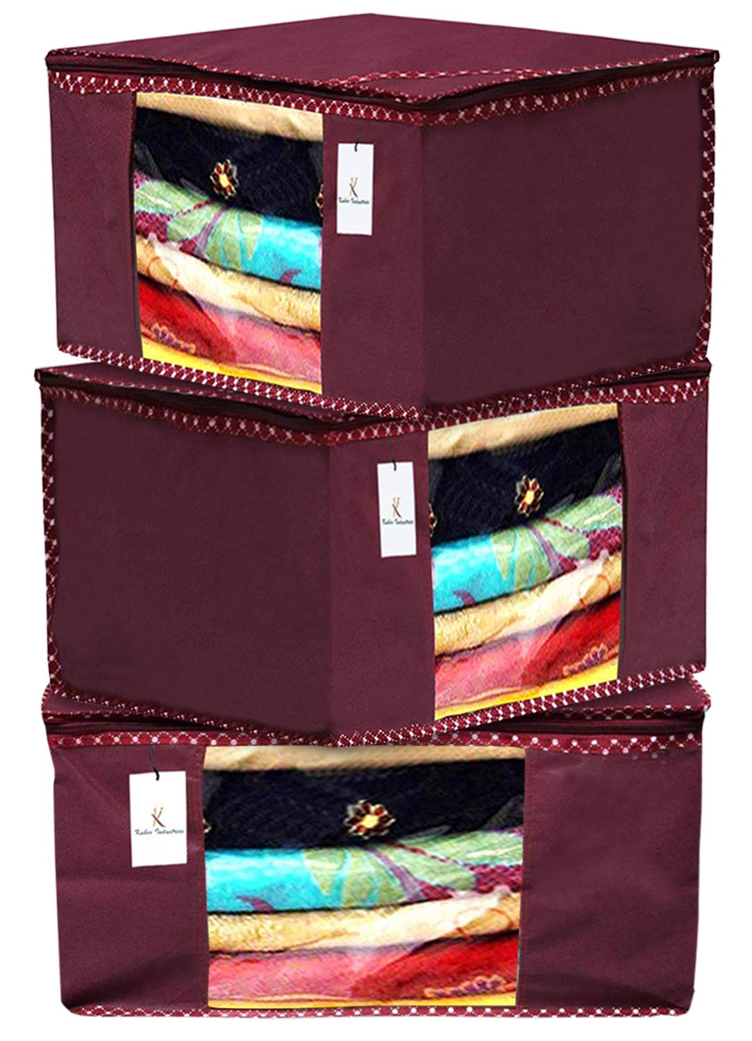 Kuber Industries 3 Pieces Non Woven Fabric Saree Cover/Clothes Organizer for Wardrobe Set with Transparent Window, Extra Large (Maroon)| Stylish and Practical Closet Organizers
