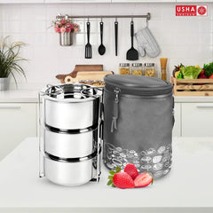 USHA SHRIRAM Stainless Steel Insulated Lunch Box with Insulated Bag |3pc (250ml each) Stackable & Leak Proof containers| Lunch Box for Kids, Office Men & Women | Insulated Bag for Extra Hot & Cold Food | Easy to Carry | Tiffin Box with Insulated Black &