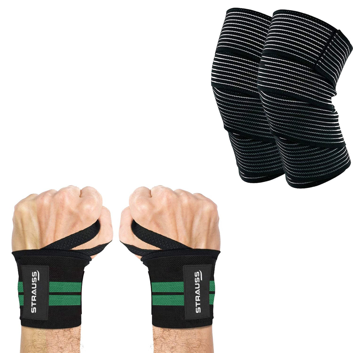 STRAUSS Wrist Supporter with Thumb Loop Straps and Knee/Elbow/Leg Compression Bandage Wraps| Adjustable & Breathable with Powerful Velcro & Soft Material | Perfect Combo for all workouts, (Green)