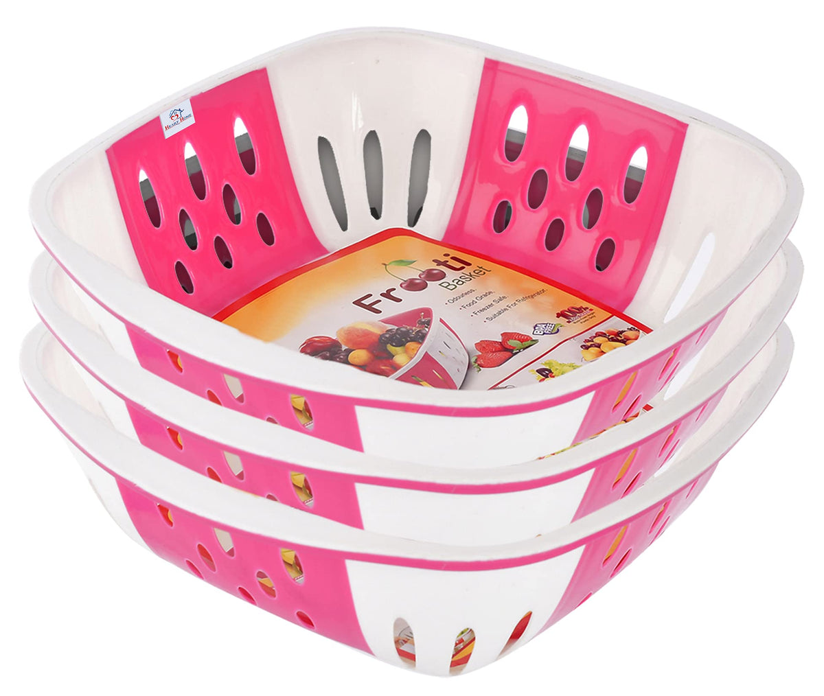 Heart Home Large Multi-Purpose Plastic Storage Baskets for Fruits Vegetables and Kitchen Fridge Dining Table- Pack of 3 (Pink)-HS42KUBMART25362