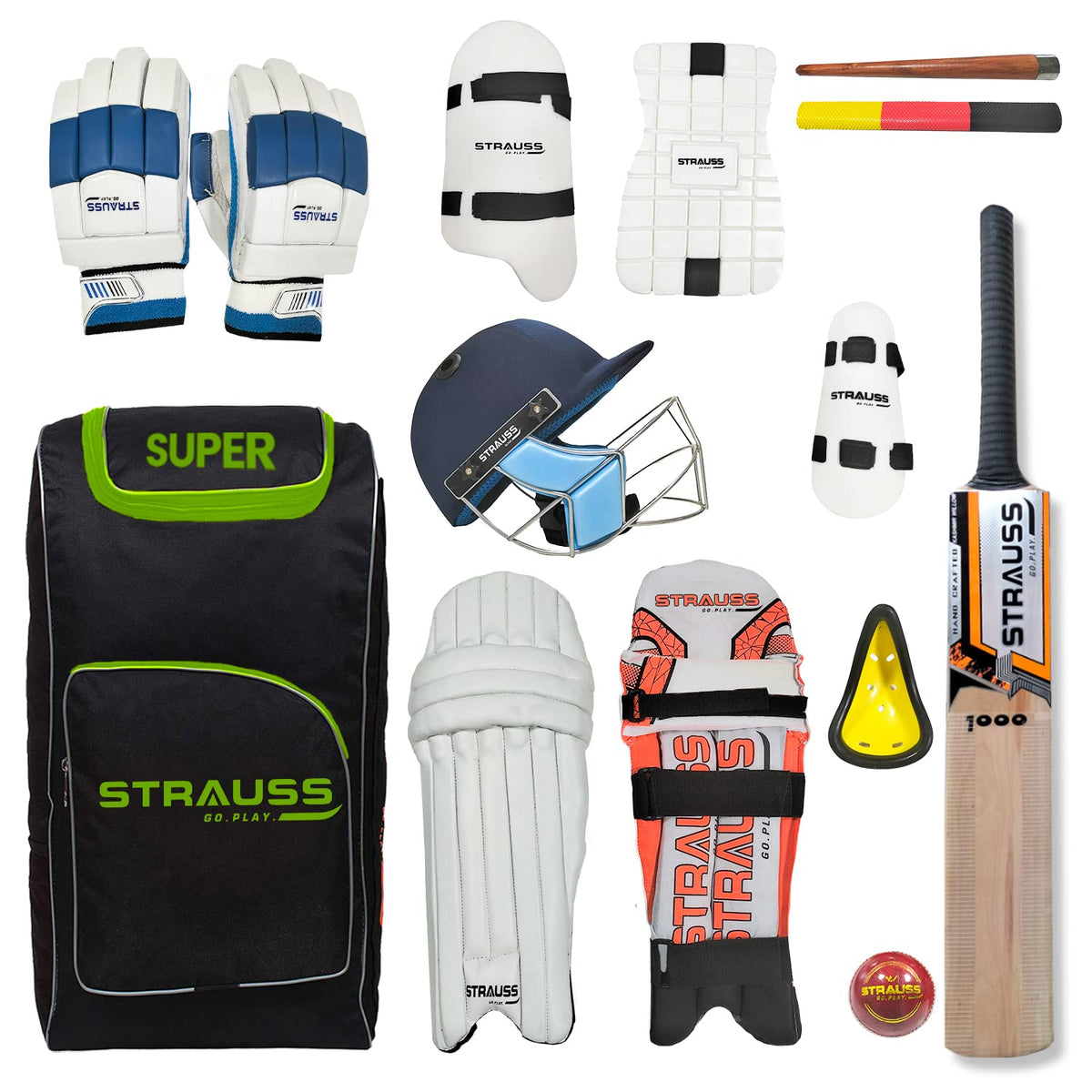 Strauss Cricket Kit | Edition: Super | Complete Cricket Kit Set | Set of 12 | Size: Short Handle | Standard Leather Ball Cricket Kit | Ideal for 15+ | for Right Handed Players