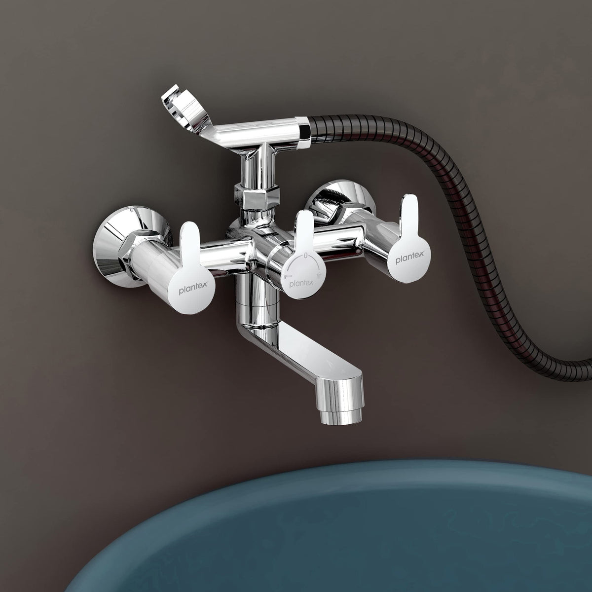 Plantex Pure Brass FLO-817 2 in 1 Wall Mixer with Crutch for Arrangement of Telephonic Shower for Bathroom/Hot & Cold Water Tap with Brass Wall Flange and Teflon Tape (Mirror-Chrome Finish)