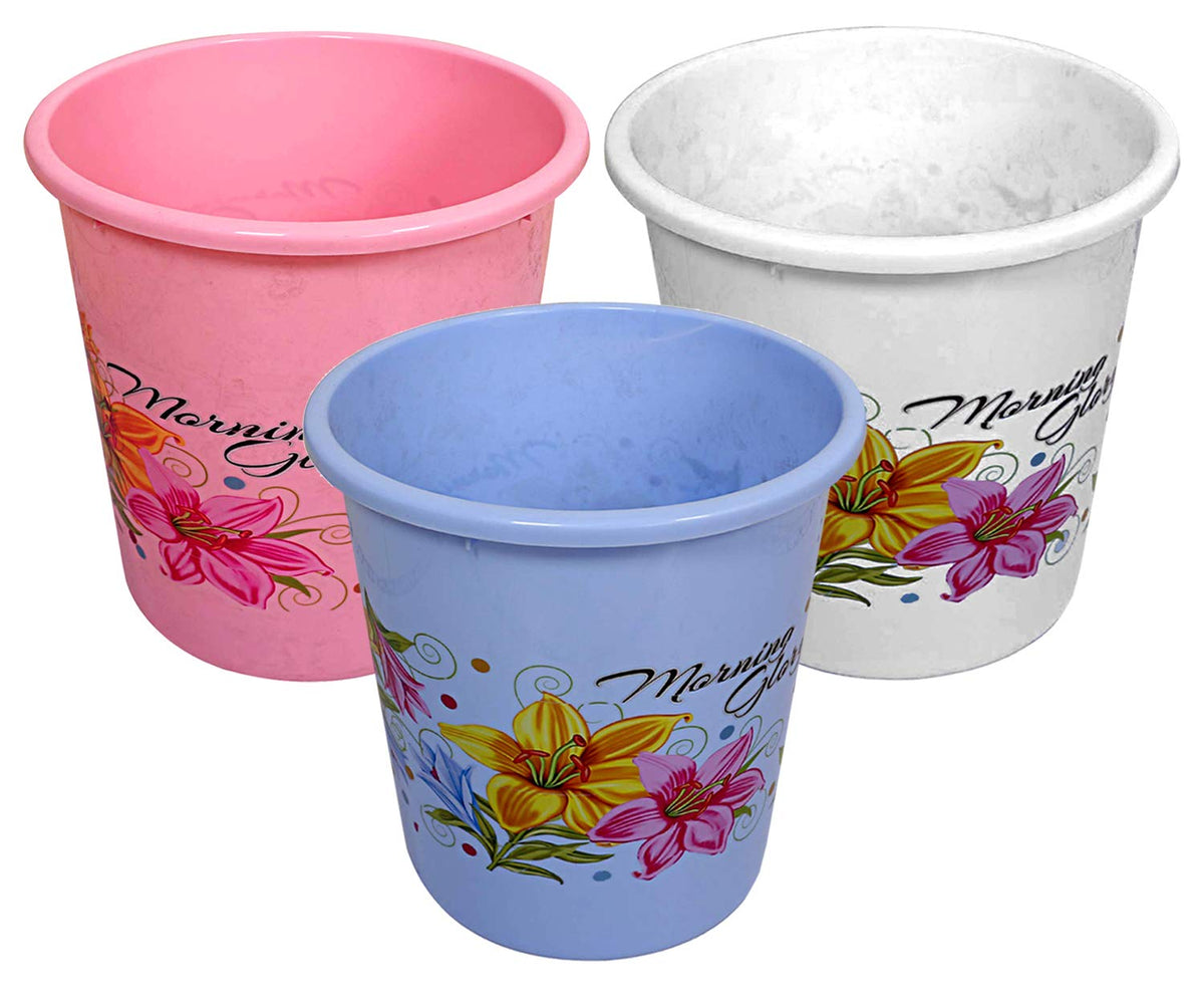 Kuber Industries Flower Print Plastic 3 Pieces Dustbin/Garbage Bin/Waste Bin, 7 Liters (Pink, Blue & White)-KUBMART10907