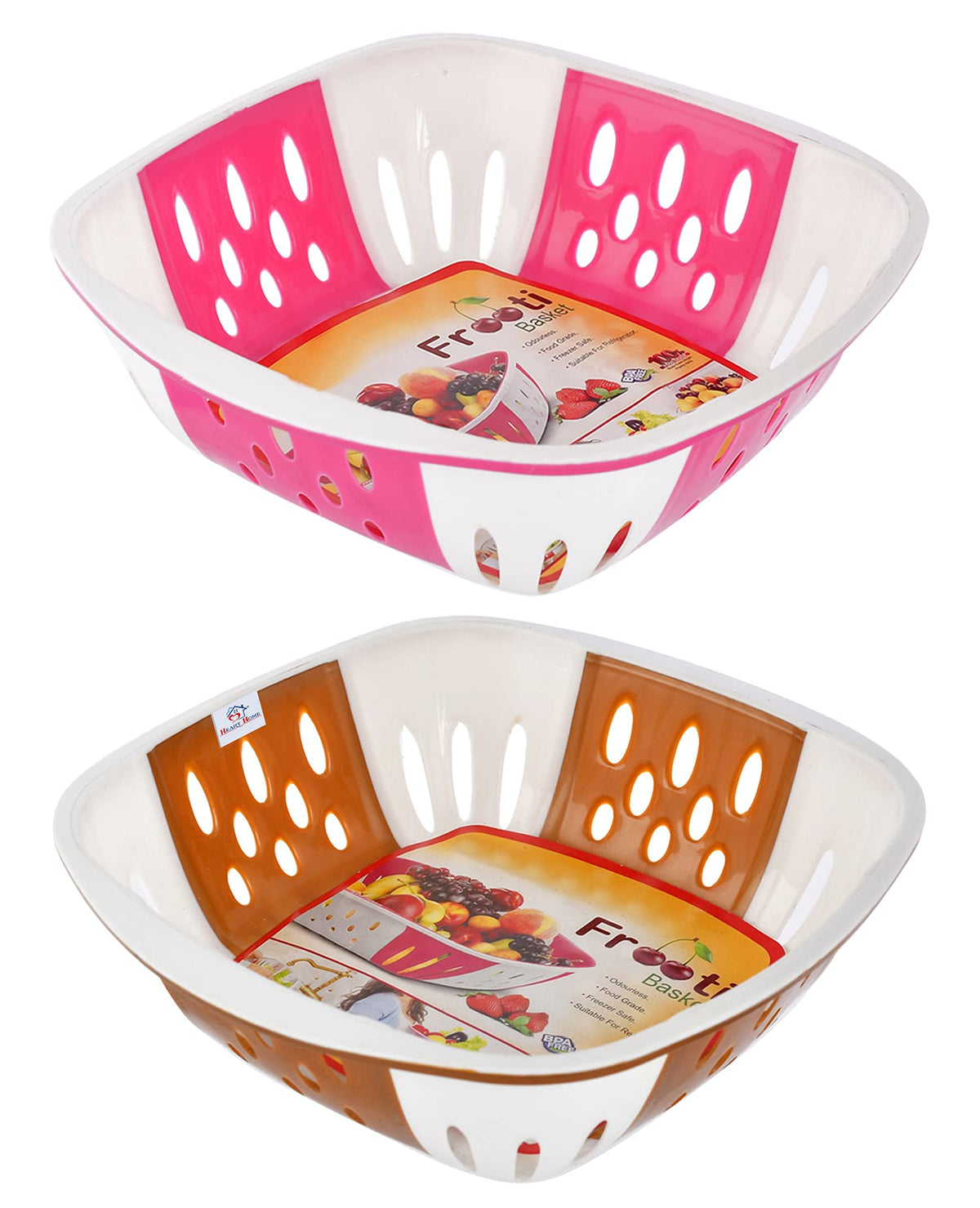 Heart Home Large Multi-Purpose Plastic Storage Baskets for Fruits Vegetables and Kitchen Fridge Dining Table- Pack of 2 (Pink & Brown)-HS42KUBMART25402