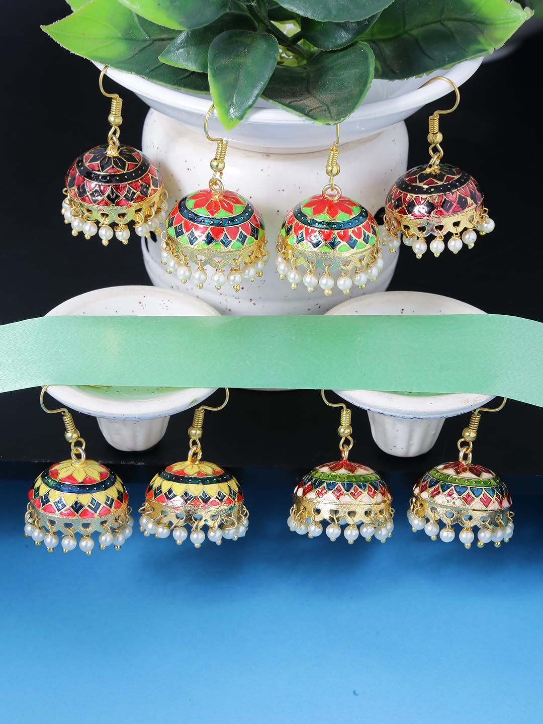 Bollywood Authentic Indian Style Imitation Meenakari Jhumka Earrings f