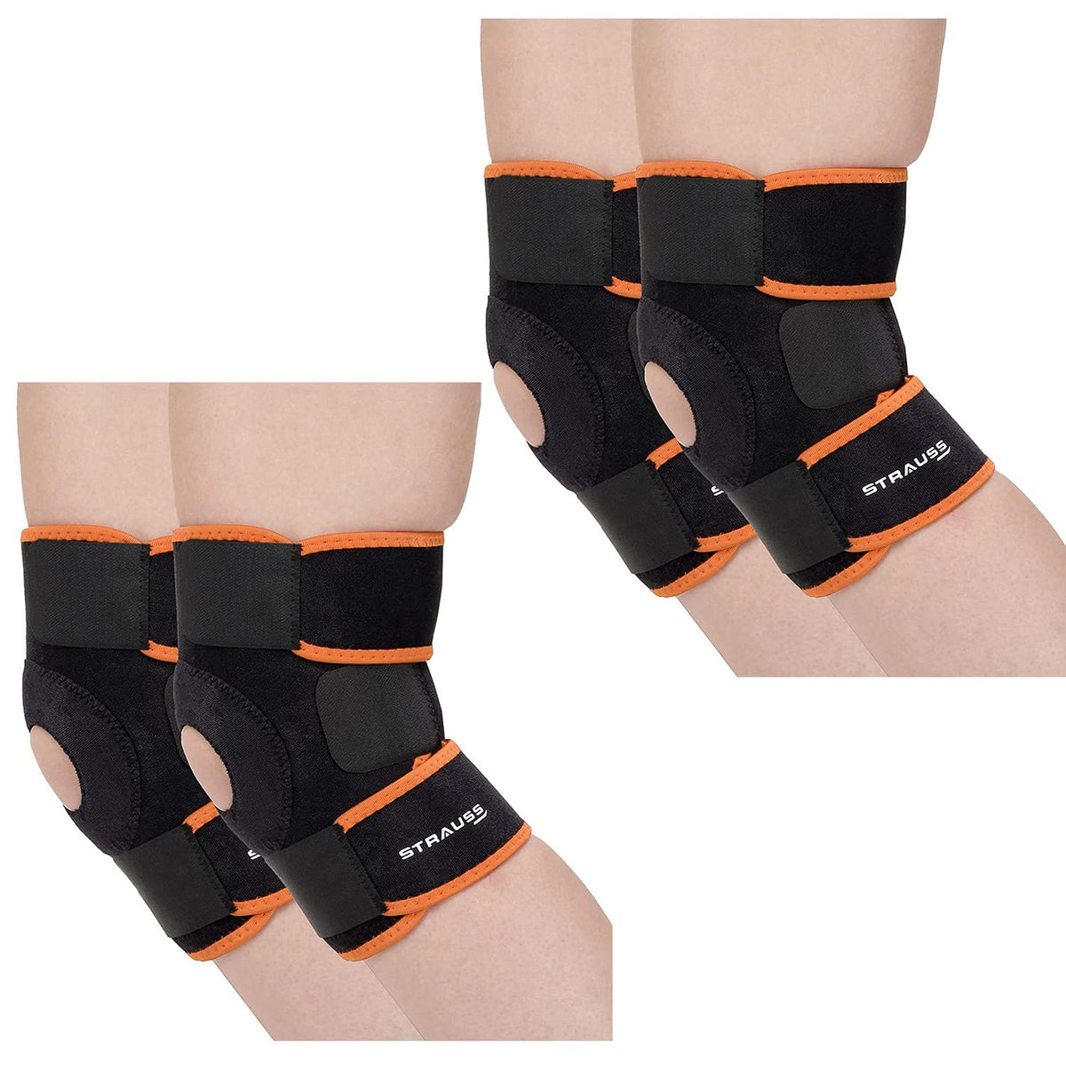 Strauss Adjustable Knee Support Patella, Pair, (Free Size, Black/Orange), (Pack of 2)