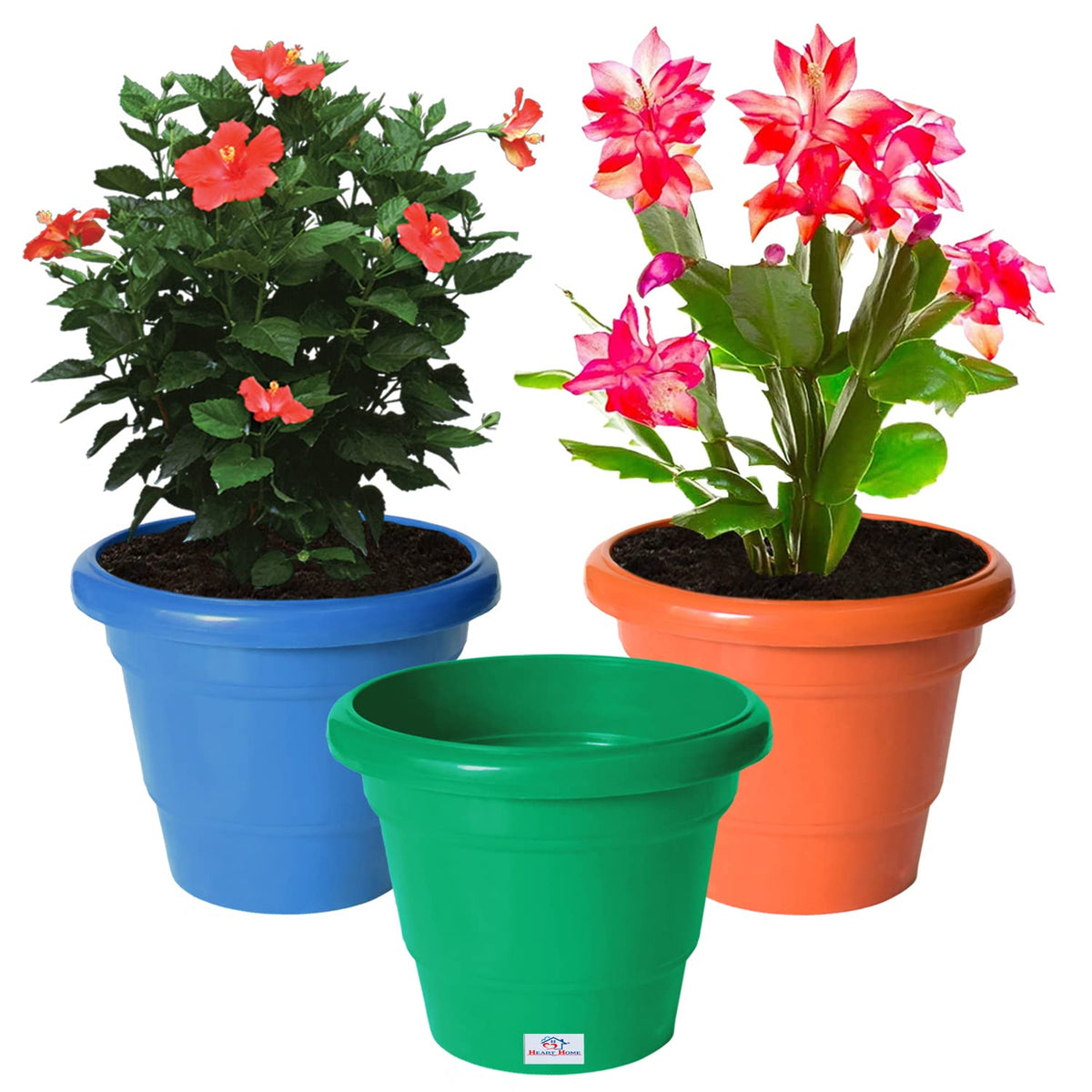 Heart Home Solid 2 Layered Plastic Flower Pot|Gamla for Home Decor,Nursery,Balcony,Garden,6"x5",Pack of 3 (Orange & Green & Blue)