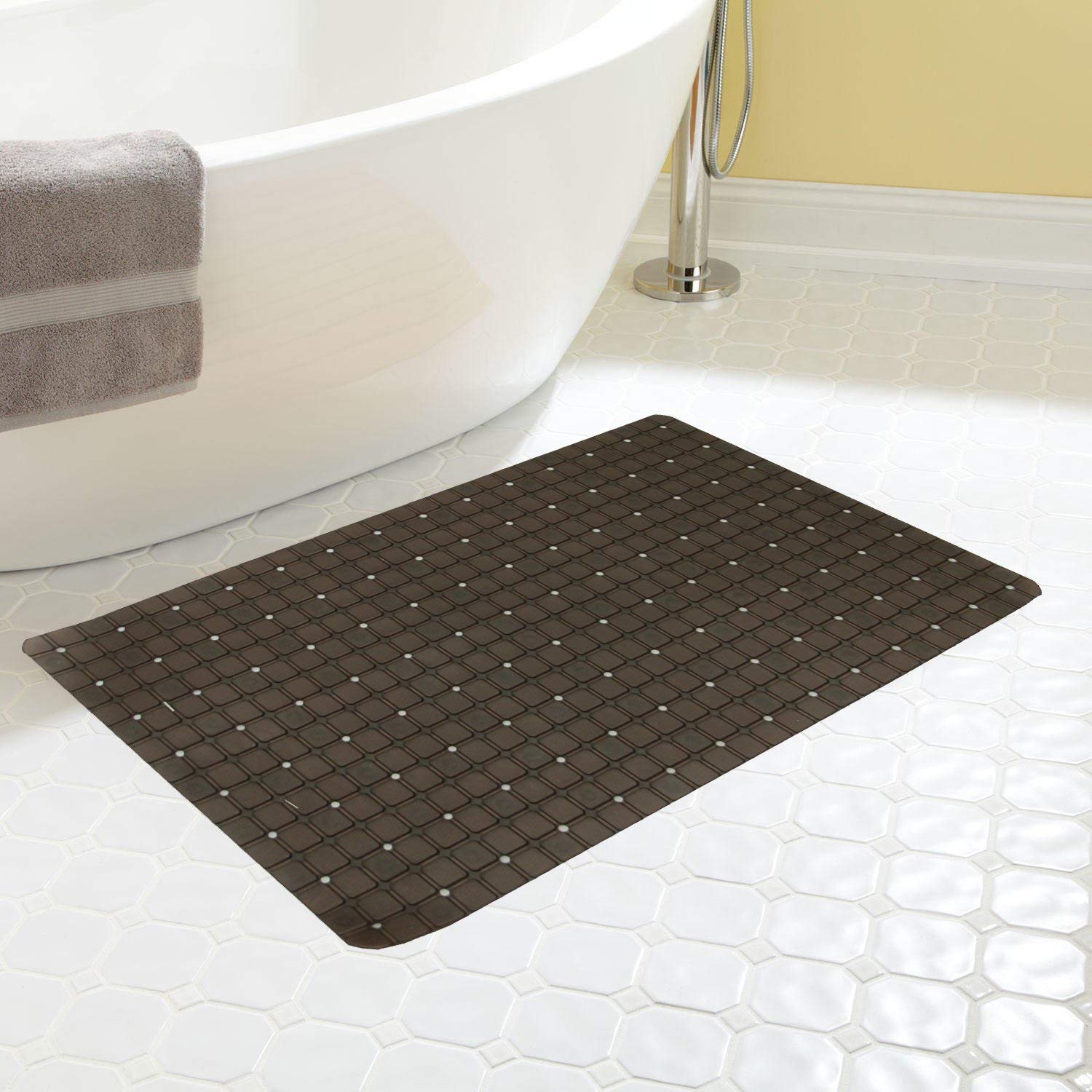 Kuber Industries Leather Checkered Design Non Slip Bathroom Mat with Suction Cups (White)