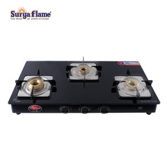 Surya Flame Nexa LPG Gas Stove 3 Burners Glass Top | LPG Gas Dual Layer Rubber Hose Pipe 1.5M | Premier Stainless Steel Gas Lighter with Knife