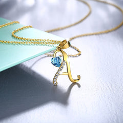 Yellow Chimes Golden Pendant for Women Alphabet Initial A Pendant Gold Plated Blue Crystal Heart Chain Pendant for Women and Girls