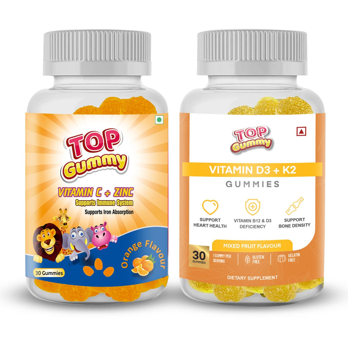 Top Gummy Vitamin C + Zinc - 30 Gummies Orange Flavor & Vitamin D3 + K2 Gummies With Mixed Fruit Flavour - 30 Gummies