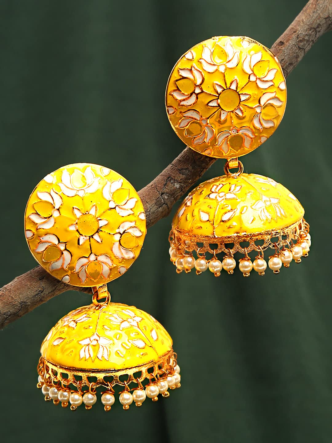 Yellow Chimes Meenakari Jumka Earrings with Ethnic Design Gold Plated Traditional Beads for Women and Girls