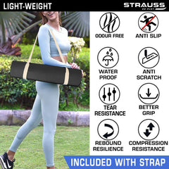 Strauss Anti Skid EVA Yoga Mat with Carry Strap, 8mm, (Black)
