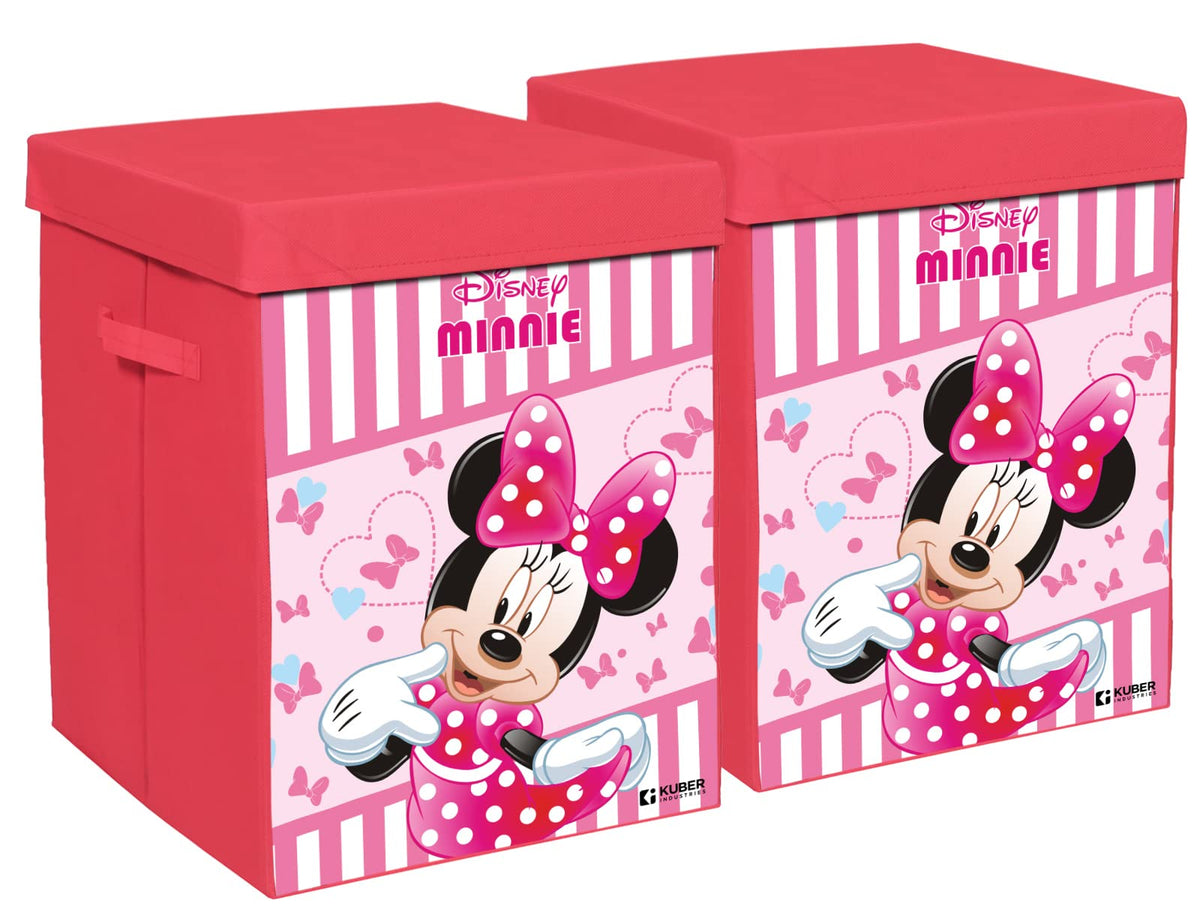 Kuber Industries Disney Minnie Print Foldable Laundry Basket|Clothes Storage Basket With Handle & Lid,60 Ltr.Pack of 2,(Pink)