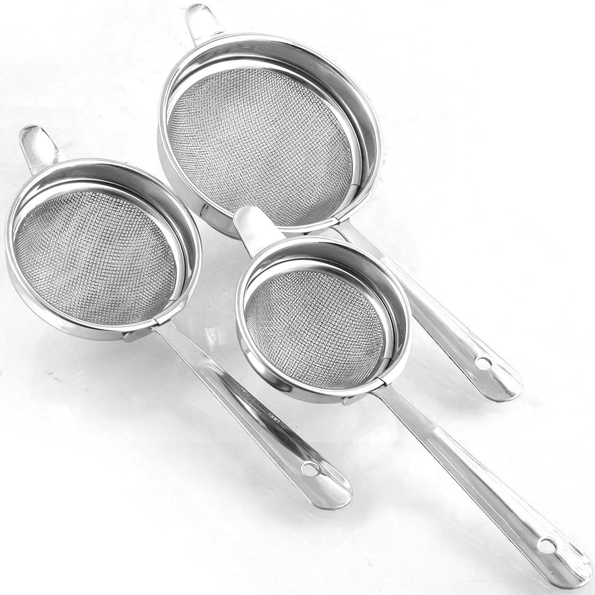 Kuber Industries Multiuses 3 Different Sizes Double Mesh Stainless Steel Strainer, Sieve, Sifter, Colander (8,9,10cm)- Set of 3 (Silver), Standard