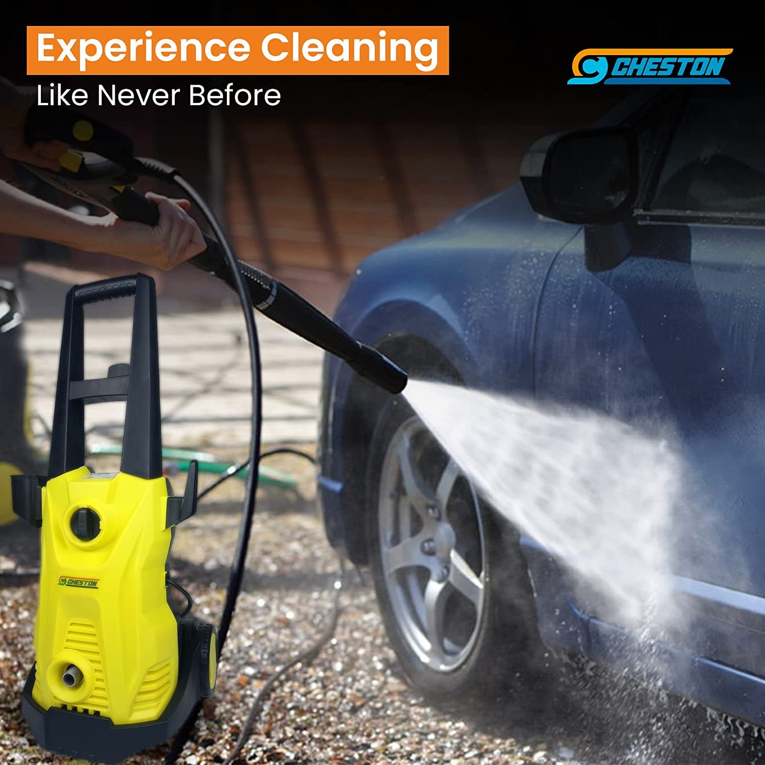 Cheston Portable High Pressure Washer 1500W 120 Bar for Car, Household, Fences, Patios, Garden Cleaning, Electric Power Water Pump 220-240V with Hose Pipe, Multi Purpose Cleaner (Yellow)