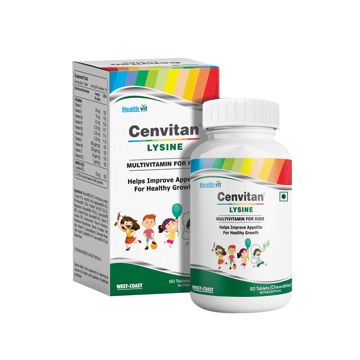 Healthvit Cenvitan Lysine Multivitamin for Kids | Helps Improve Appetite for Healthy Growth - 60 Tablets (Chewable)