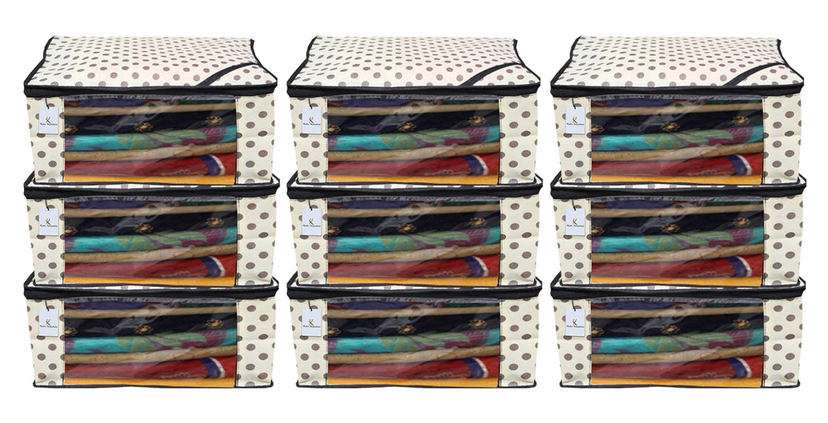 Kuber Industries Black Polka Dot 9 Piece Non Woven Saree Cover, Large, Ivory-CTKTC14133