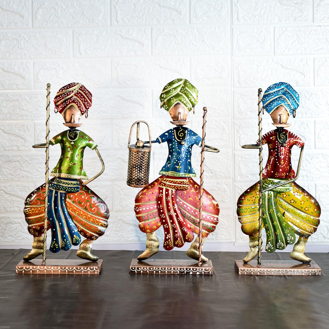 EKHASA Metal Show Pieces for Home Decor | Gift Items for Showcase or TV Unit Decoration | Statue or Figurines or Artifacts for Table or Living Room Decorative Items (Rajasthani Chaukidar - Set of 3)