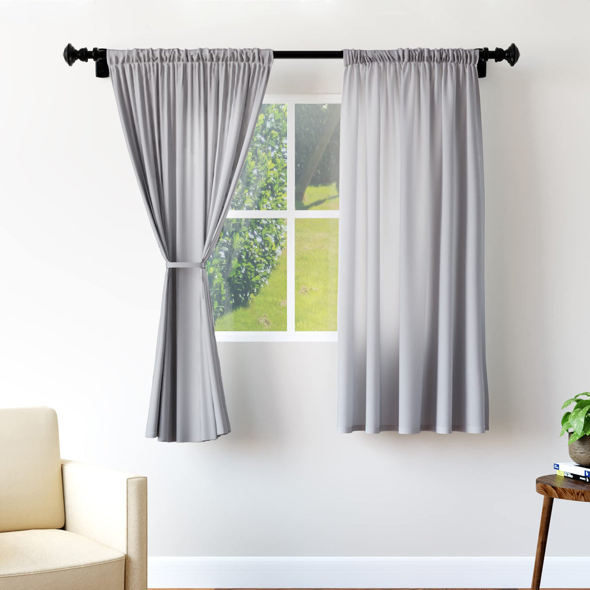 Encasa Homes Polyester Solid Curtains with Tie Back, 6 ft Window Panel Set of 2 - Grey, Rod Pocket, Light-Filtering, Curtains for Door, Bedroom, Living Room