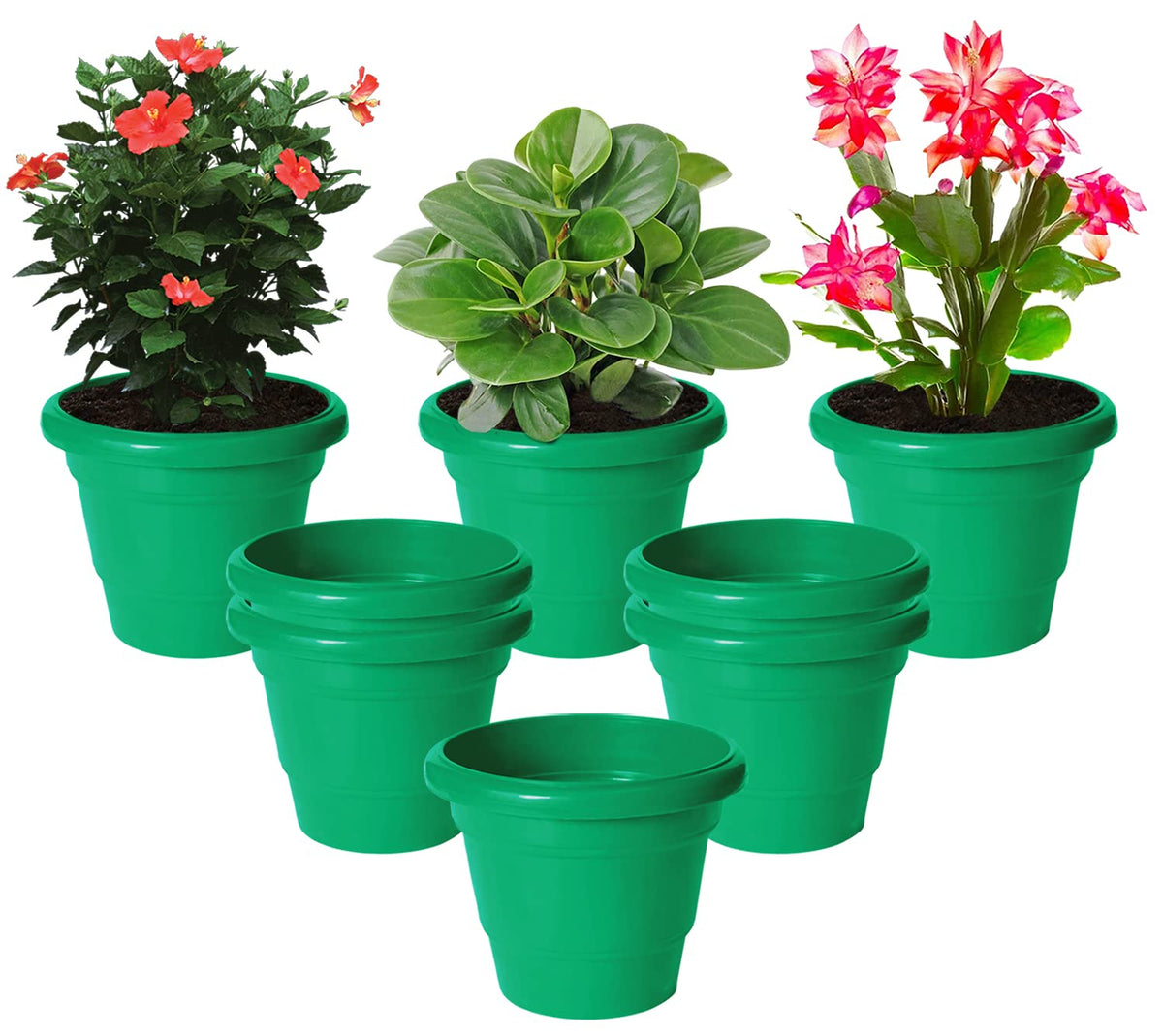 Kuber Industries Solid 2 Layered Plastic Flower Pot|Gamla for Home Decor,Nursery,Balcony,Garden,8"x 6",Pack of 8 (Green)