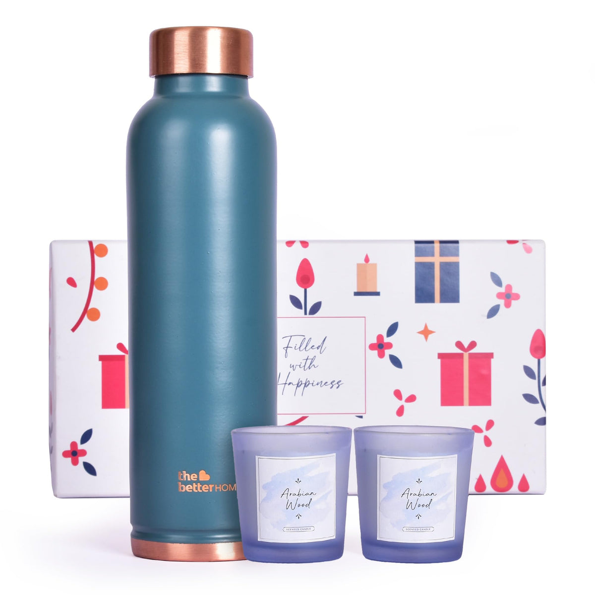 Gleevers Gift Set for Housewarming, Diwali | Gift Box Pack of 3 with The Better Home Water Bottle (Teal, 1 LTR) & 2 Candles (Arabian Wood, 60gm) | Gift for Housewarming, Diwali Gift