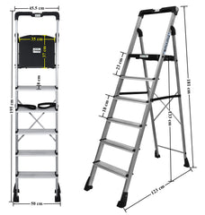 Plantex Thor Aluminium 6 Step Folding Ladder for Home with Advanced Locking System Multipurpose Foldable - (Silver & Black)