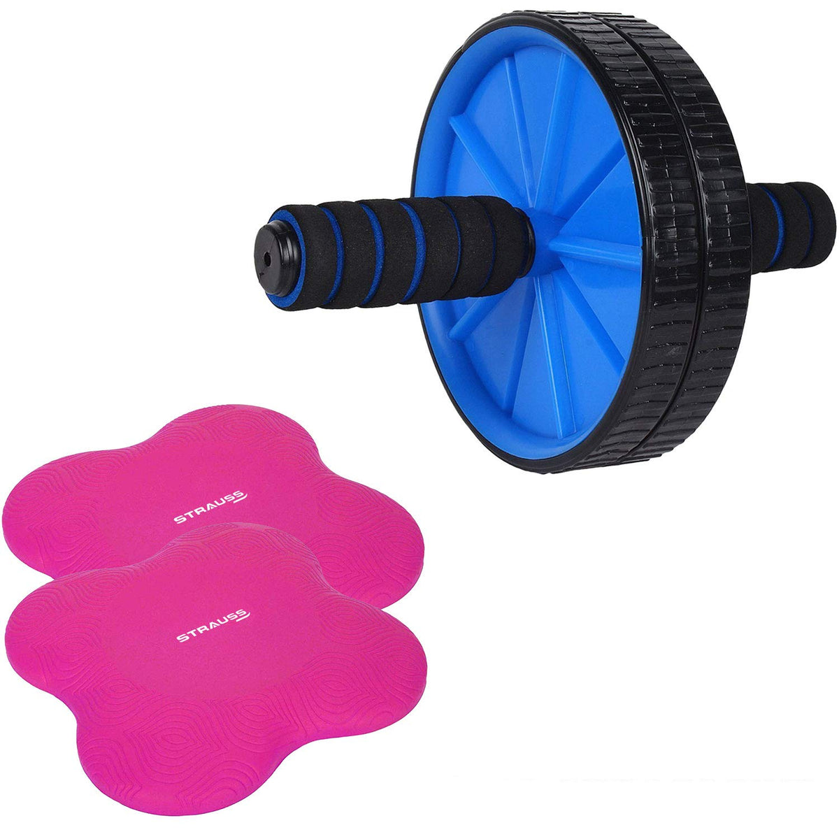 Strauss Yoga Knee Pad Cushions Pair, (Pink), Double Exercise Wheel (Blue)