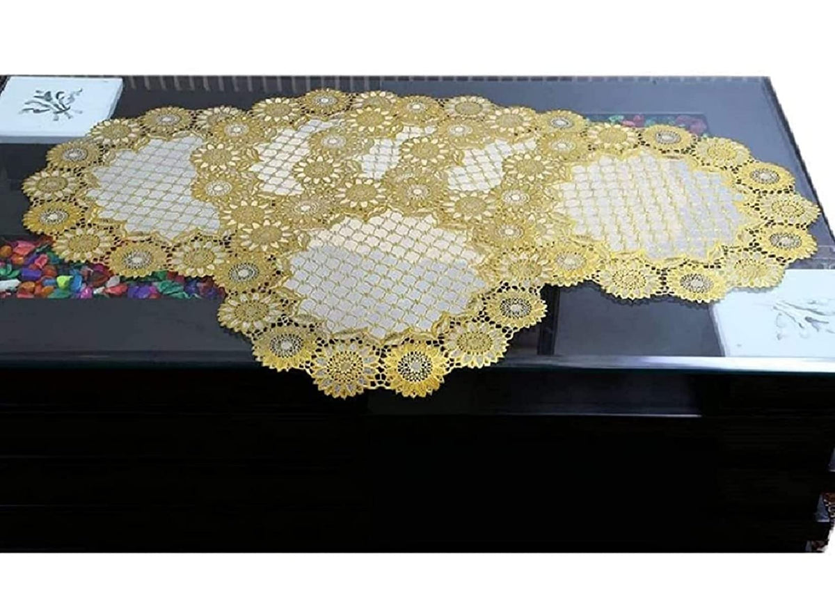 Kuber Industries Floral Design Virgin Viny Soft Fabric 6 Pieces Dining Table Round Placemat Set, Gold - CTKTC045907(Microfibre)