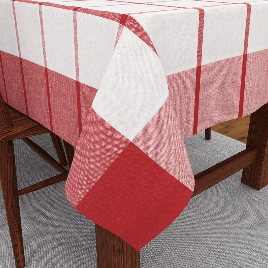 Encasa Homes Table Cloth (7 ft Long) for 6 Seater Large Center Dining Table - Red Checks with Borders - Heavy Homespun Eco-Cotton Fabric, Washable, for Home, Garden, Hotel & Restaurant