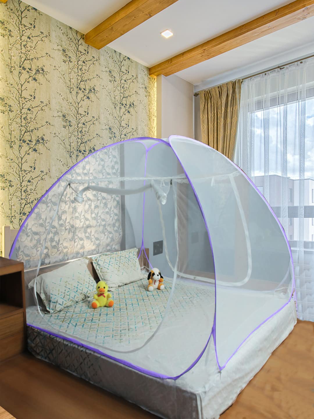 Evafly Mosquito Net for Double Bed | King Size Foldable Machardani | Polyester 30GSM Strong Net |PVC Coated Corrosion Resistant Steel Wire - Purple