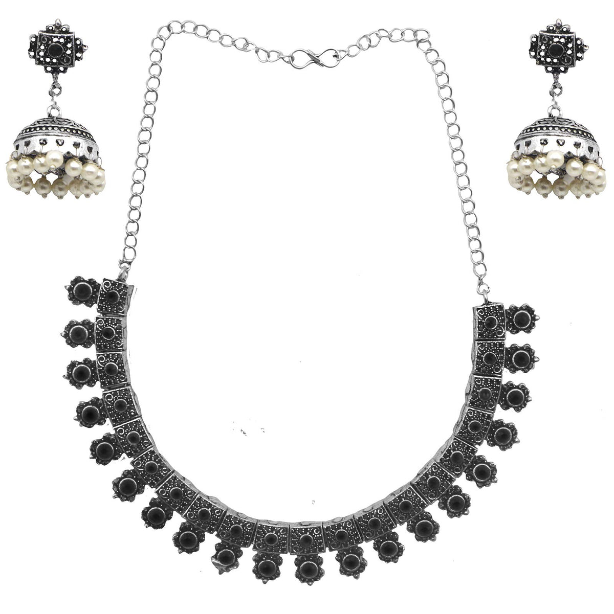 TEEJH Rewa Black Stone Choker Necklace Set For Women