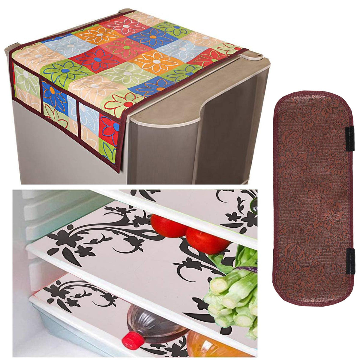 Kuber Industries Cloth 3 Pieces Fridge Mat, 1 Piece Handle Cover and 1 Pieces Fridge Top Cover (Multi)-CTKTC2770