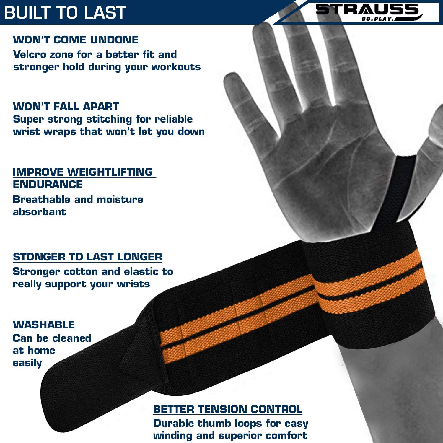 Strauss WL Cotton Wrist Supporter with Thumb Loop Straps & Closures for Gym, Workouts & Strength Training| Adjustable & Breathable with Powerful Velcro & Soft Material, (Black/Orange)