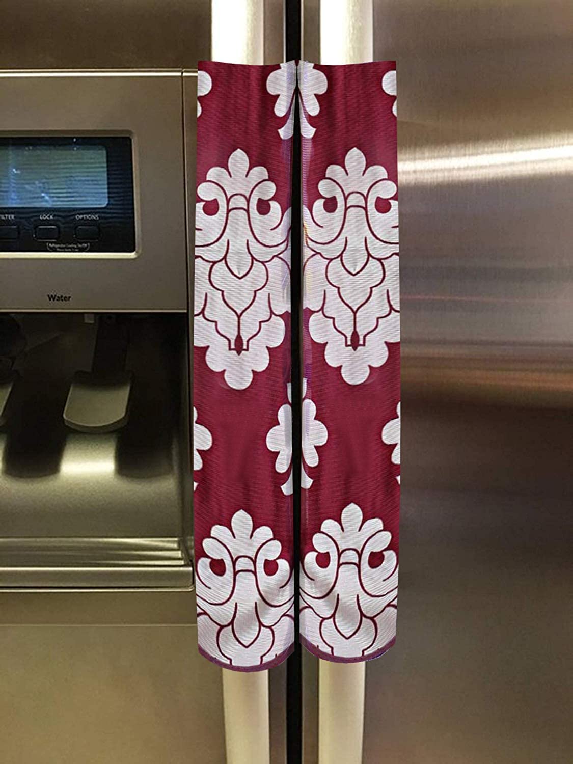 Heart Home Floral Design Cotton 2 Pieces Fridge/Refrigerator Handle Cover (Maroon)- CTHH04366