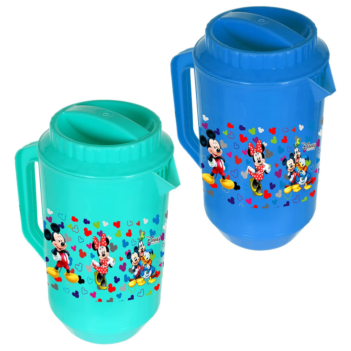 Kuber Industries Mickey & Friends Print Unbreakable Plastic Water Jug with Lid for Home, Kitchen, Office 2 Liter Pack of 2 (Green & Blue)