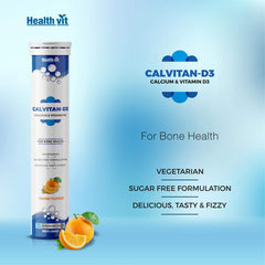 Healthvit Calvitan-D3 Calcium 500mg & Vitamin D3 400IU | For Healthy Bone And Joints | Sugar Free 20 Effervescent Tablets (Orange Flavor)