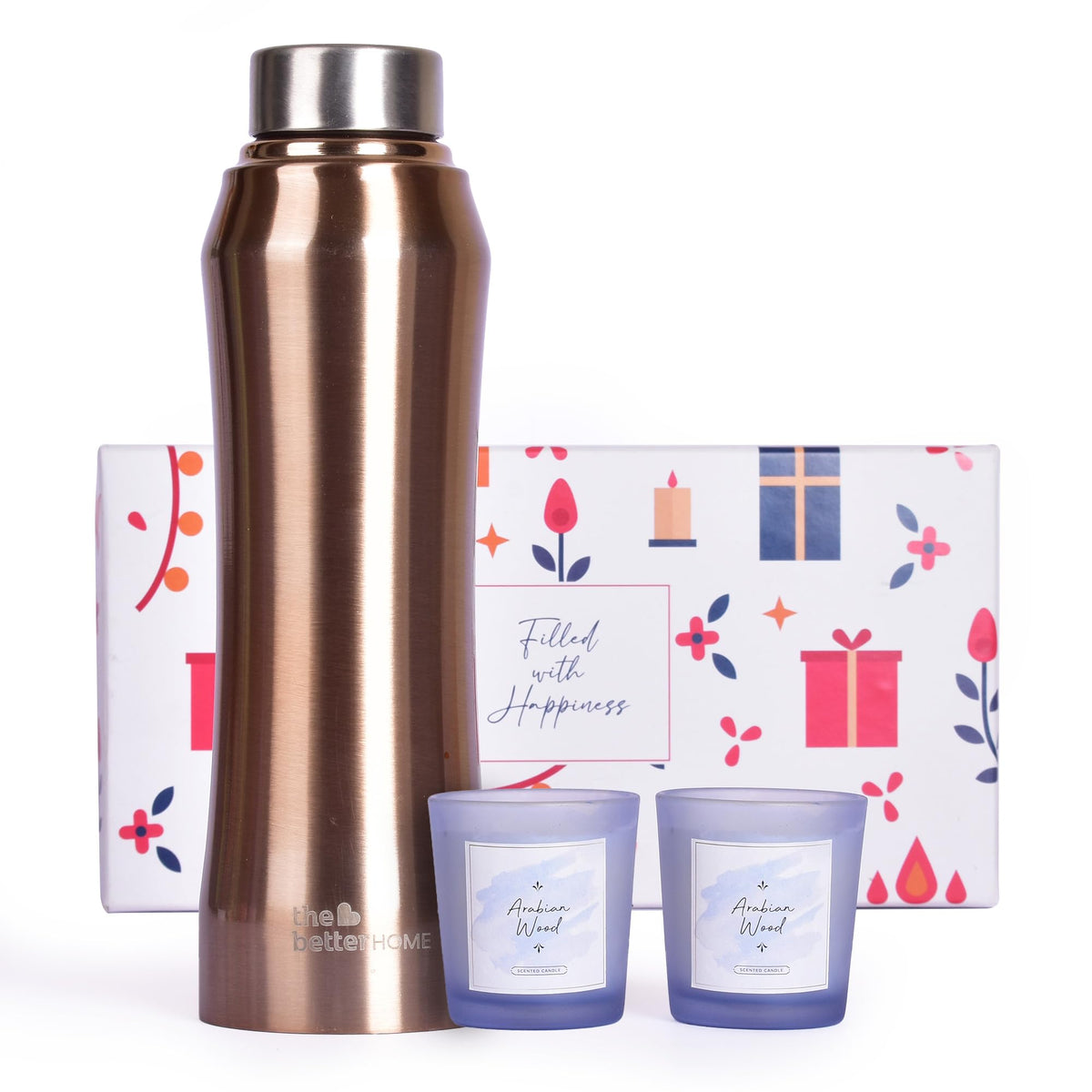 Gleevers Diwali Gift Items for Corporate |Pack of 3 with Stainless Steel Bottle (Gold, 1ltr) & 2 Rose Candle (60 gm Each)| Wedding Return Gifts, Gleevers Corporate Gifts for Employees, Return Gifts