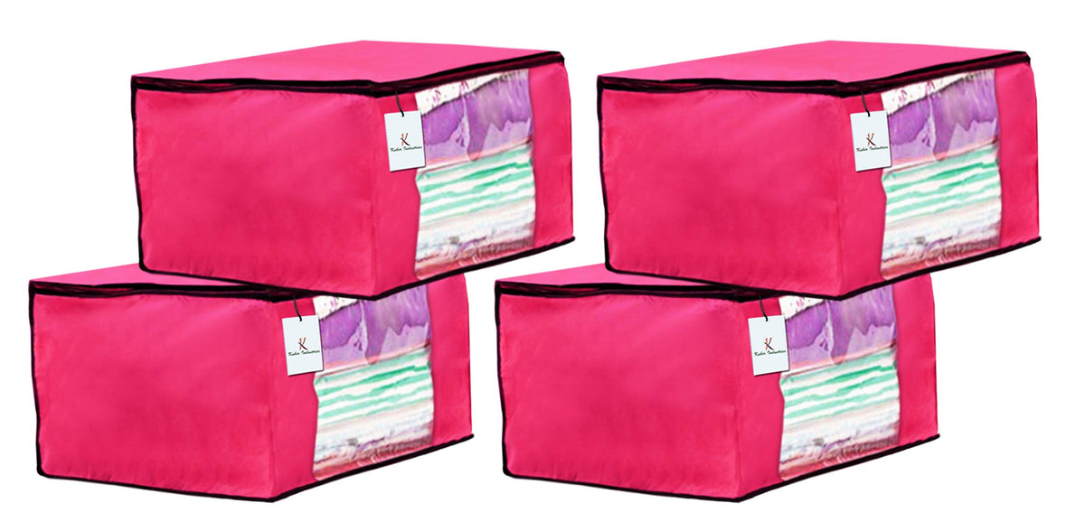 Kuber Industries 4 Piece Non Woven Fabric Saree Cover Set with Transparent Window, Extra Large, Pink-CTKTC23671