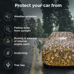 CarBinic Car Cover for Tata Tiago 2021 Water Resistant (Tested) and Dustproof Custom Fit UV Heat Resistant Outdoor Protection with Triple Stitched Fully Elastic Surface | Jungle with Pockets