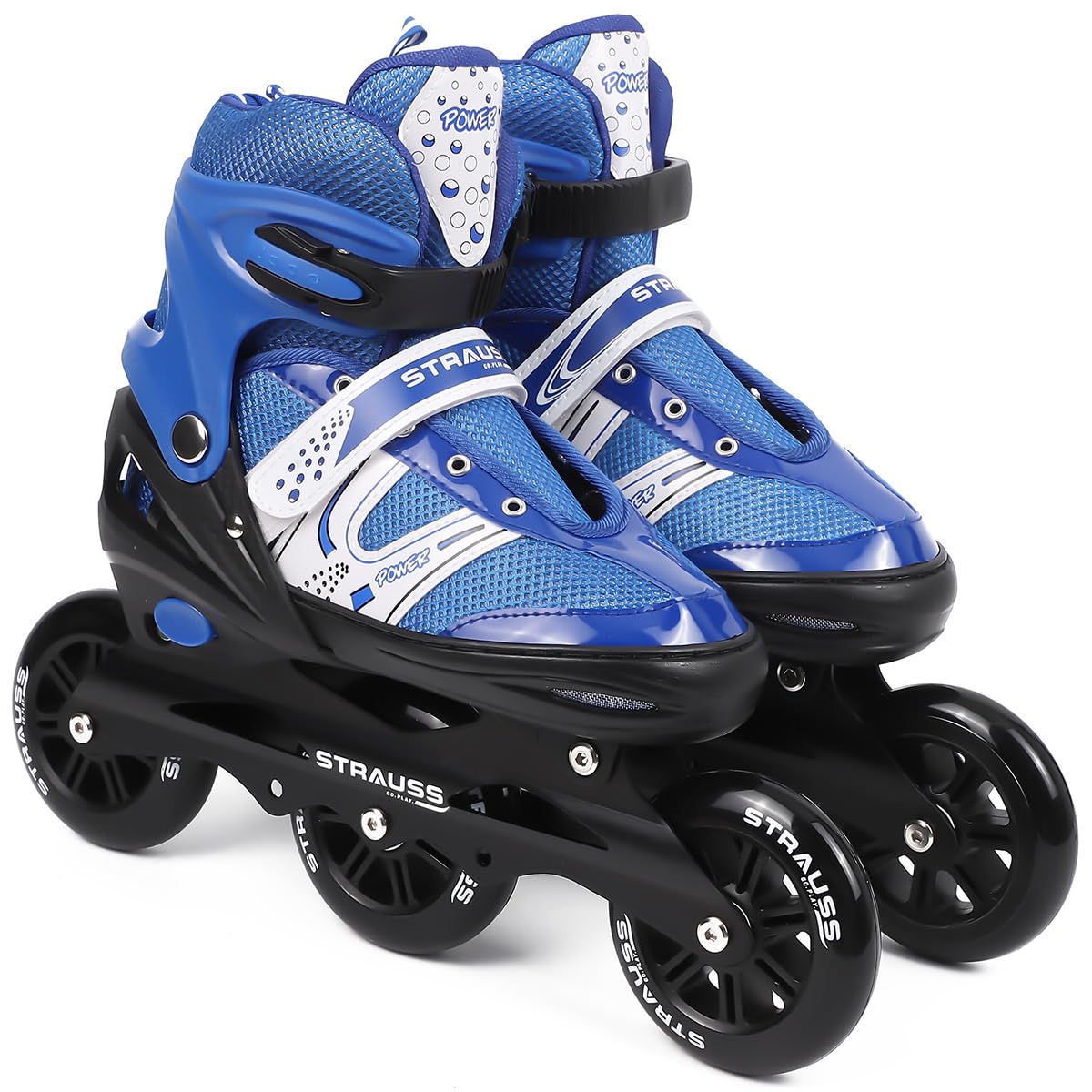 STRAUSS Blaze Adjustable Size Inline Skates | Skating Shoes for Boys & Girls | 3 Wheels |Beginner-Friendly Skating Shoe | Adjustable Roller Blades | Enhanced Stability and Support| Size L,(Blue)