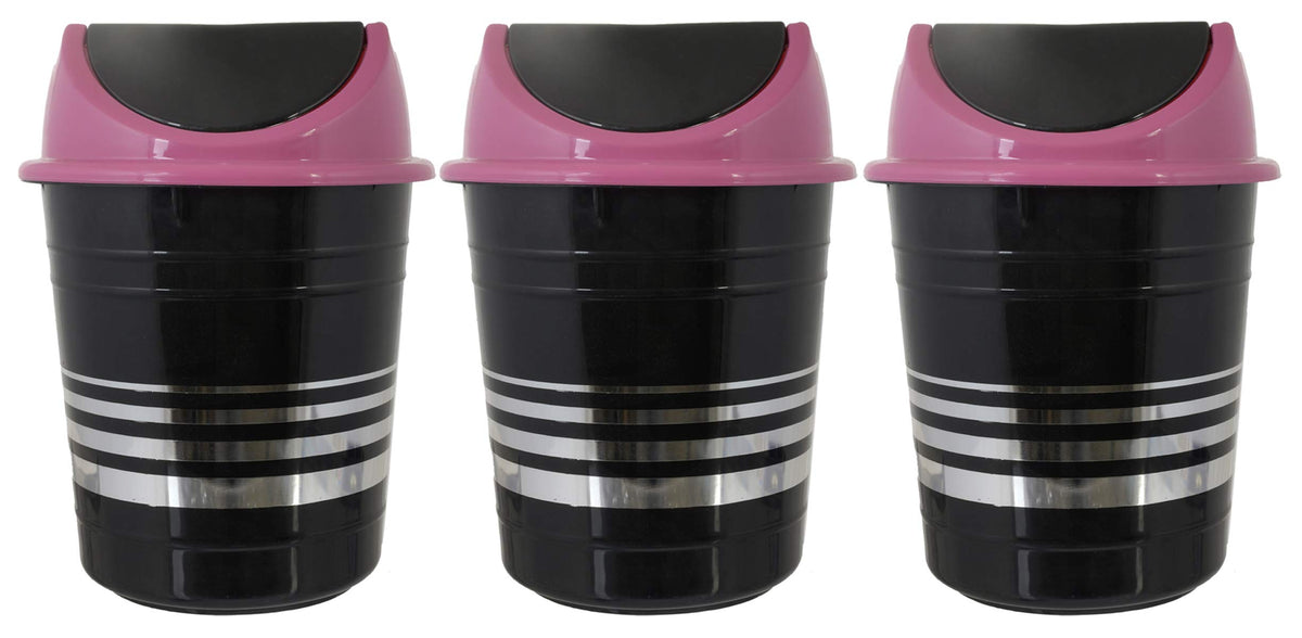 Kuber Industries Plastic 3 Pieces Medium Size Swing Dustbin/Swing Garbage Bin/Waste Bin, 10 Liters (Black & Pink)-KUBMART10237