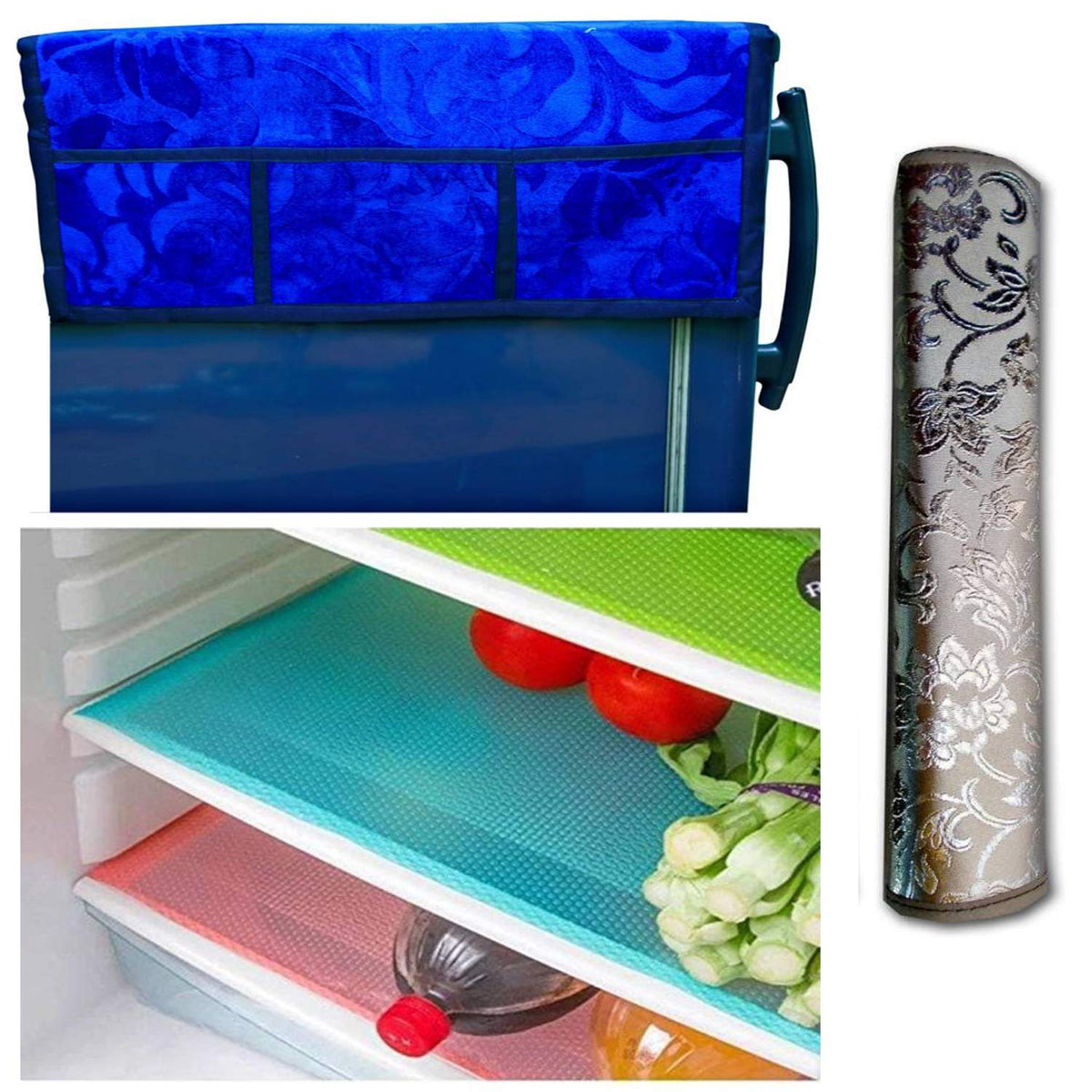 Kuber Industries Cloth 3 Pieces Fridge Mat, 1 Piece Handle Cover and 1 Pieces Fridge Top Cover (Multi)-CTKTC2757