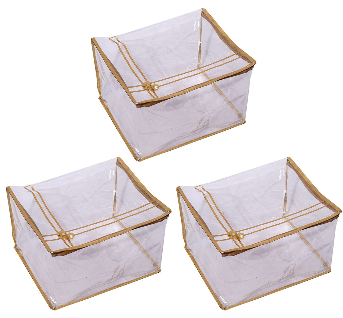 Kuber IndustriesBow Design 12"inch Transparent Saree Cover/Clothes Organiser For Wardrobe With Golden Border (Set of 3,Gold)-HS_38_KUBMART21544