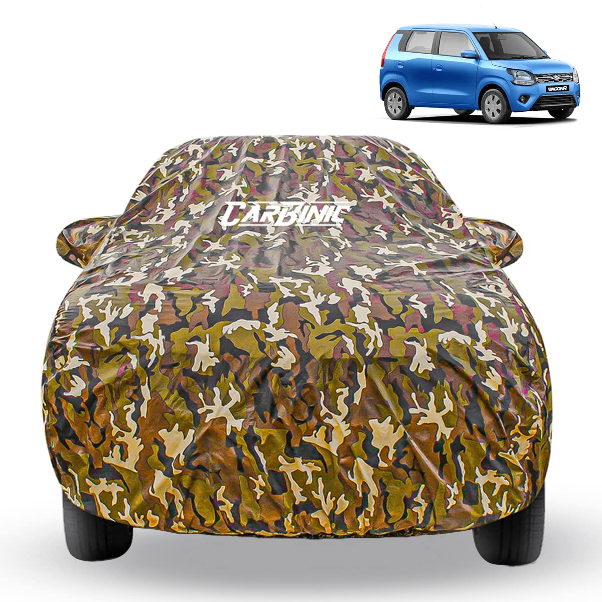 CarBinic Car Cover for Maruti Wagon R 2019 Waterproof (Tested) and Dustproof Custom Fit UV Heat Resistant Outdoor Protection with Triple Stitched Fully Elastic Surface | Jungle with Pockets