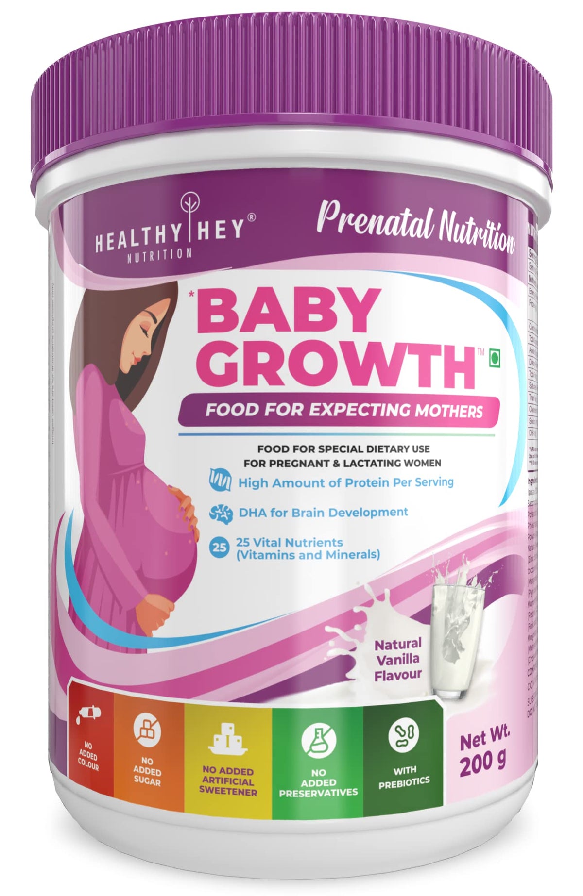 HealthyHey Nutrition- Protein for Pregnant Women - BabyGrowth - Chocolate - 200 gram - All Natural - Tastes Great- Vegetarian - High Protein - Prebiotics - Soy Free