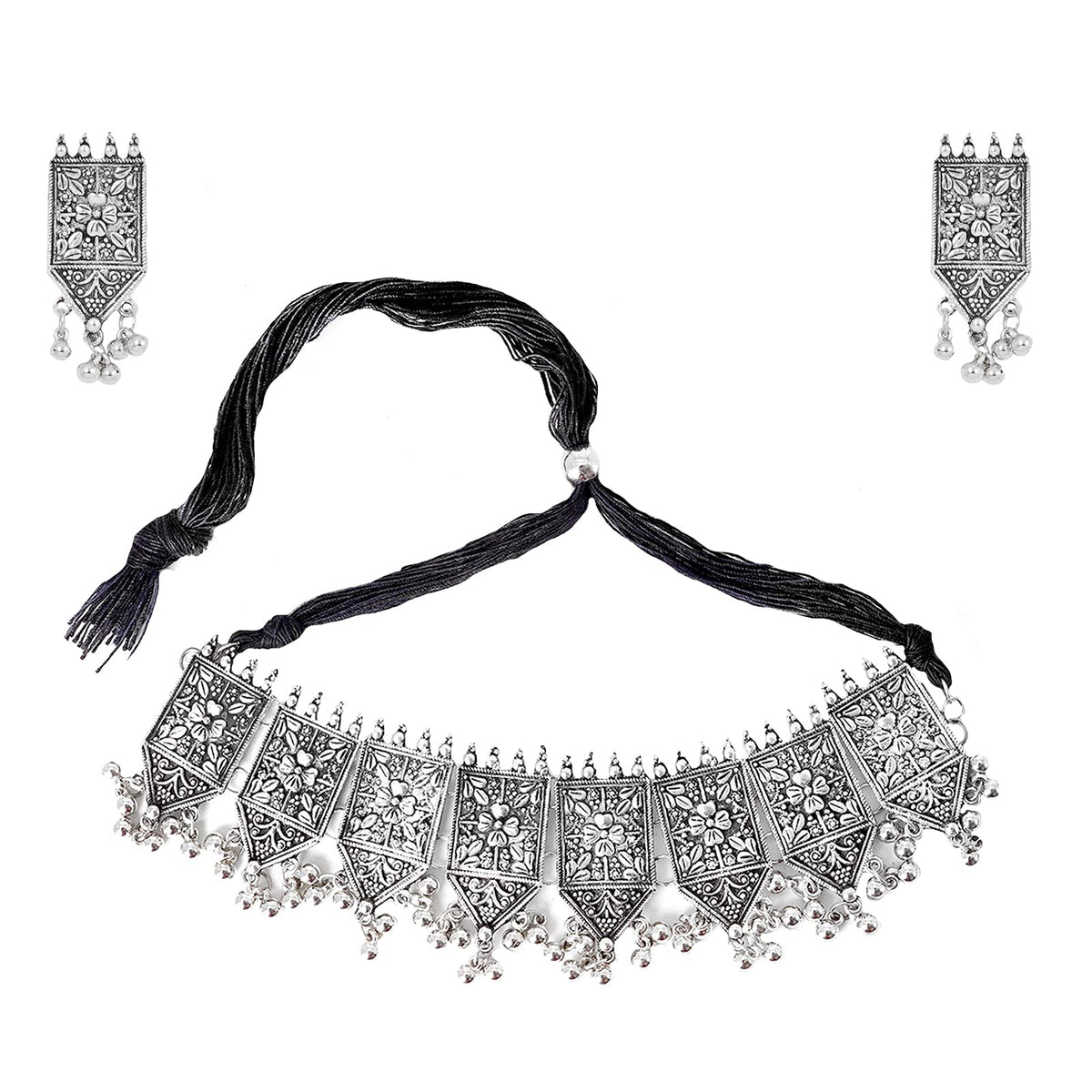 TEEJH Dyuti Antique Silver Polish Choker Necklace Set for Women