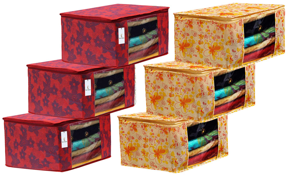 Kuber Industries Metalic Printed 6 Piece Non Woven Fabric Saree Cover Set with Transparent Window, Extra Large, Ivory Red & Red -CTKTC040863